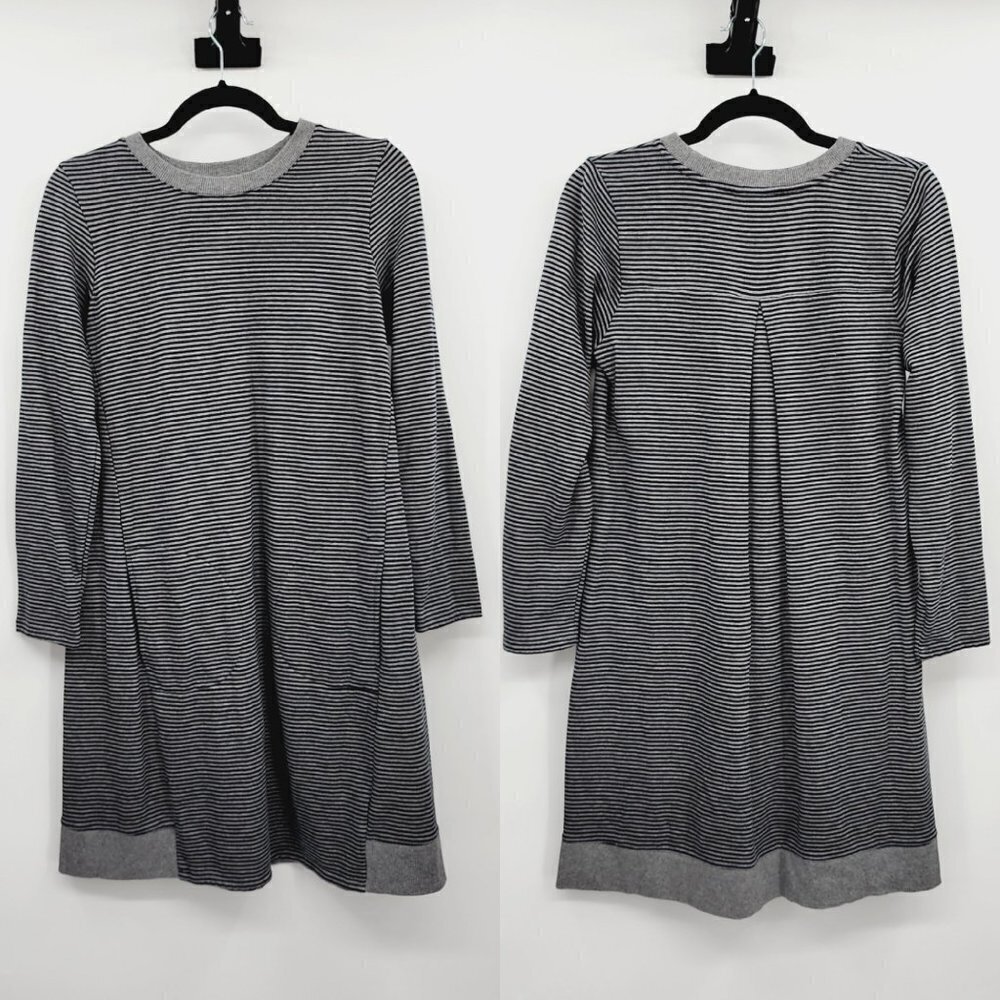 J. Jill Dress Pleated Back Grey/Black Stripe Crew Neck Casual Dress w/ Pockets S